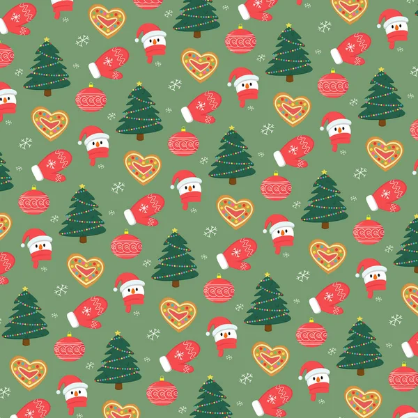 Merry Christmas Pattern Santas Mitten Christmas Tree Snowflakes Glass Ball — Stock Vector