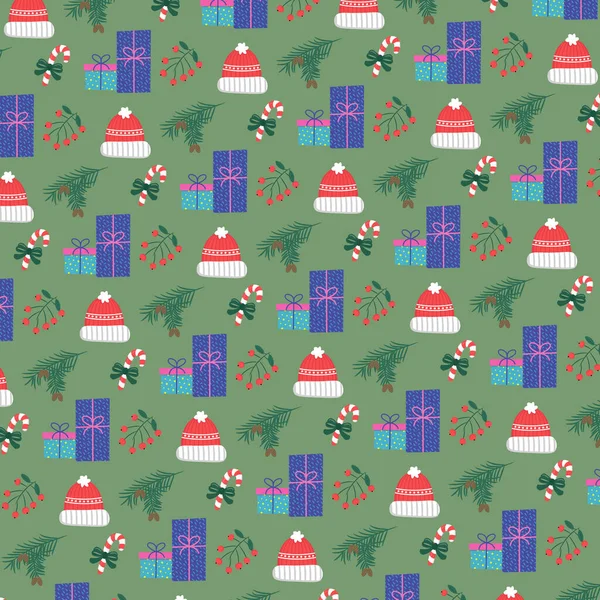 Joyeux Motif Noël Avec Chapeau Hiver Bonbons Cadeaux Branches Baies — Image vectorielle