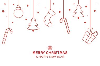 Elle çizilmiş mutlu noel dekoratif arka plan parçaları yukarıdan kaotik. Vektör illüstrasyonu