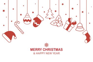 Elle çizilmiş mutlu noel dekoratif arkaplan tasarımları yukarıdan bir kavisle çizilmiş. Vektör illüstrasyonu