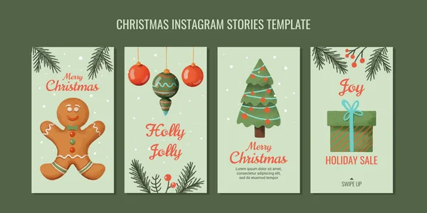 Set Von Weihnachtsvorlagen Für Instagram Geschichten Texturierten Aquarell Stil Vektorillustration — Stockvektor