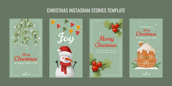 Weihnachten Instagram Stories Template Set Gingerbread House Snowman Istletoe Christmas — Stockvektor