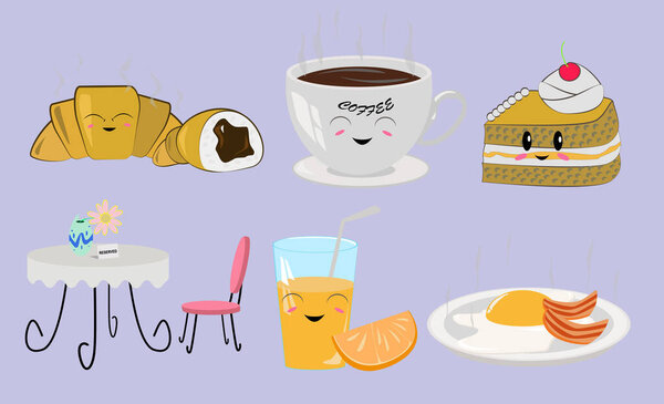 Мультипликационная еда на столе круассан кофе и много сладостей. Векторная иллюстрация