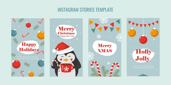 Set Von Weihnachtlichen Vorlagen Für Instagram Geschichten Pinguin Mit Einer — Stockvektor