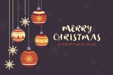 Koyu mavi arka plan ve noel baloları mutlu noeller. Vektör illüstrasyonu