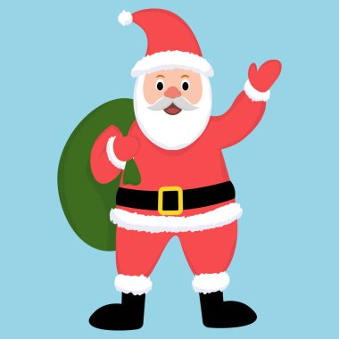 Noel Baba 'nın el sallayan ve elinde çanta tutan Noel Baba karakteri. Vektör illüstrasyonu