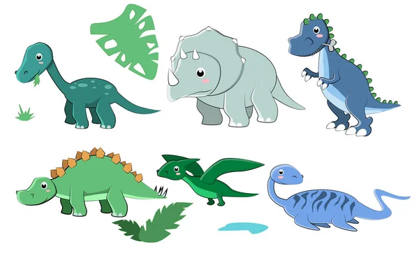 繊細な色の漫画の恐竜のパック ベクターイラスト — ストックベクタ