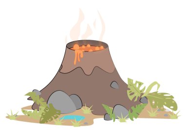 Dinozorlar çağında lavlı çizgi film volkanı. Vektör illüstrasyonu