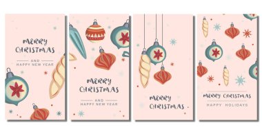 Yeni yıl pankartlarıyla yeni yıl oyuncakları yeni yıl vektörleri çizilmiş. Vektör illüstrasyonu