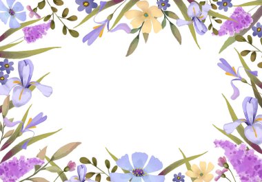 Çiçekli süsen çiçekleri ve suluboya tarzda leylaklar. Vektör illüstrasyonu