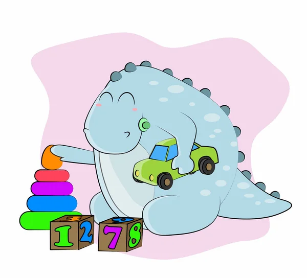 Ένας Μικρός Δεινόσαυρος Παίζει Παιχνίδια Διάνυσμα Εικονογράφηση Διανύσματος — Διανυσματικό Αρχείο