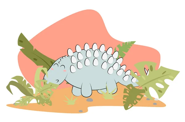 Veselý Dinosaurus Při Západu Slunce Zelenými Listy Vektorová Ilustrace — Stockový vektor