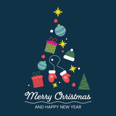 Altın yıldız, kar tanesi, cam top, eldivenler, yeşil şapka, böğürtlen, hediye kutuları ve mini Noel ağacından oluşur. Vektör illüstrasyonu