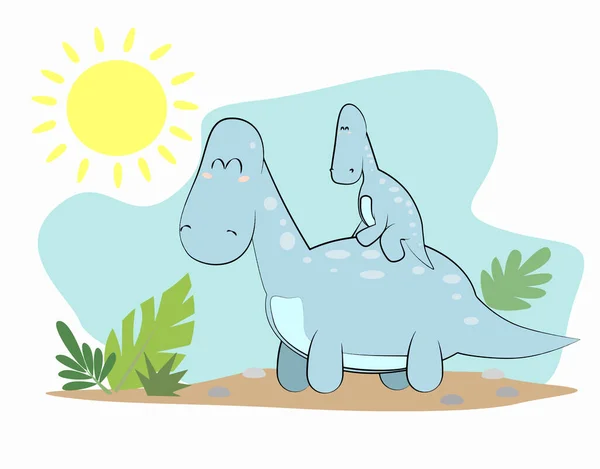 Μπαμπάς Δεινόσαυρος Καβαλάει Μωρό Φόντο Μπλε Και Τον Ήλιο Εικονογράφηση — Διανυσματικό Αρχείο