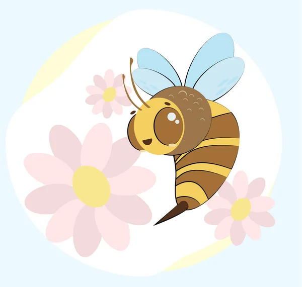Včela Louce Květy Ilustraci Vektorová Ilustrace — Stockový vektor