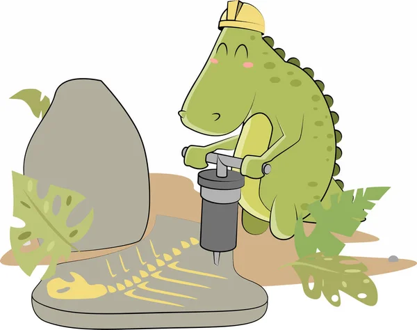Vrolijke Groene Dinosaurus Bezig Met Opgravingen Van Voorouders Vectorillustratie — Stockvector