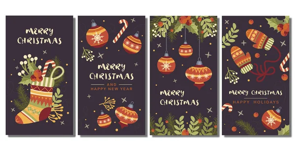 Conjunto Banners Natal Verticais Escuros Com Itens Ano Novo Padrões — Vetor de Stock