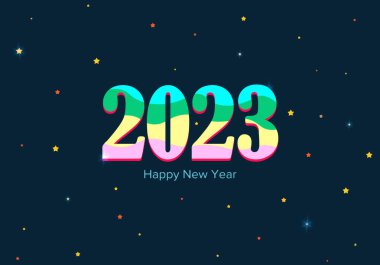 2023 yılının yazıtları. Renkli sayılar ve parlayan yıldızlar. Vektör illüstrasyonu