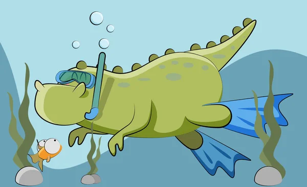 海では緑の恐竜が泳ぎ魚を喜びます ベクターイラスト — ストックベクタ