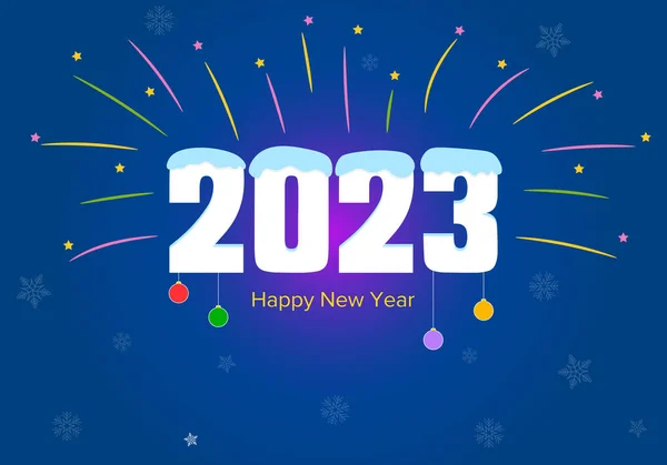 Inscripción Año Nuevo 2023 Con Nieve Fuegos Artificiales Copos Nieve — Vector de stock