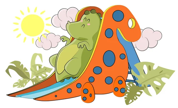 緑の恐竜はスライドに乗ることにした ベクターイラスト — ストックベクタ