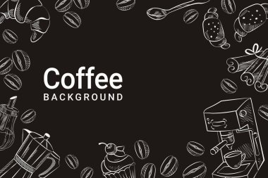 Arka planda kahve ve el çizimleri kahve makinesi taneleri. Vektör illüstrasyonu