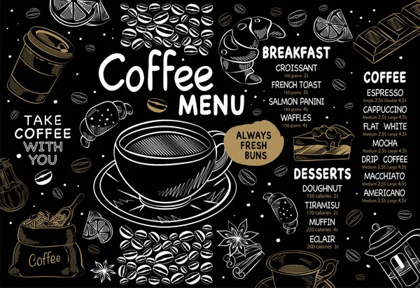 Koyu arkaplan kahve menüsündeki el çizimi. Vektör illüstrasyonu