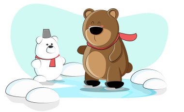 Tatlı ayıcık donmuş bir gölde paten kaymak için yürüyüşe çıktı. Vektör illüstrasyonu