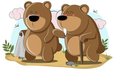 Şirin ayı yavrusu büyükbabasıyla yeşil çayırda yürüyüşe çıkmış. Vektör illüstrasyonu