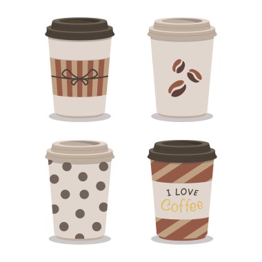 Düz kahve fincanı seti. Vektör illüstrasyonu
