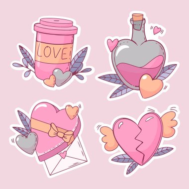 Sevgililer günü etiketleri bir kutu çikolata kırık bir kalp bir bardak kahve ve aşk iksiri. Vektör illüstrasyonu