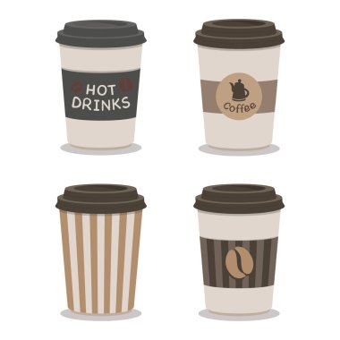 Küçük, kahverengi, düz kağıt kahve fincanı koleksiyonu. Vektör illüstrasyonu