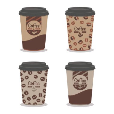 Kahve çekirdekli düz kağıttan yapılmış küçük kahverengi kahve fincanları koleksiyonu. Vektör illüstrasyonu