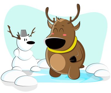 Sevimli geyik bir kardan adam yaptı ve ona sevindi. Vektör illüstrasyonu