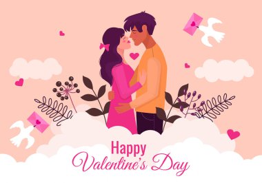 Sevgililer günü çizimi. Bulutlarda kucaklaşan aşıklar. Vektör illüstrasyonu