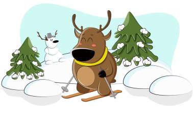 Güzel bir kış gününde şirin bir geyik kayağı. Vektör illüstrasyonu