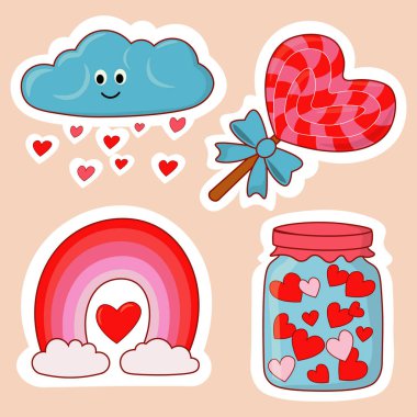 Sevgililer Günü çıkartmaları mutlu bulut, şeker, aşk gökkuşağı ve küçük kalpli şişeden oluşur. Vektör illüstrasyonu