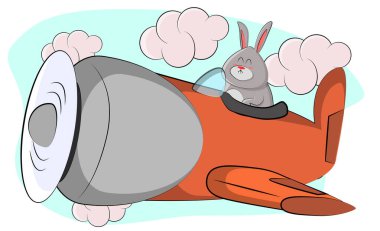 A cute bunny shows a master class, perform various tricks in the sky on his orange plane. Vector illustration