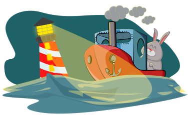 Cute bunny follows the light on the ship that illuminates the lighthouse. Vector illustration