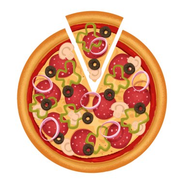 pizza with smoked sausage sweet peppers olives and mushrooms and a slice of pizza. Vector illustration