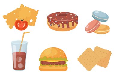 food set donut glass with cold drink cheese and tomato burger macaroon and biscuit cookies. Vector illustration