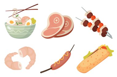 food set shrimp shawarma sausage kebabs bowl of noodles and meat. Vector illustration