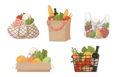 grocery set in packages and bags in illustration. Vector illustration