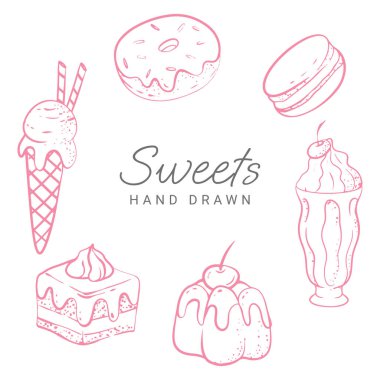 hand drawn style pink sweets donut milkshake ice cream cake piece and macaron. Vector illustration