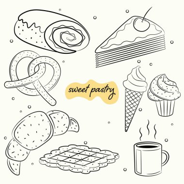 a set of hand drawn sweet pastry in illustration. Vector illustration