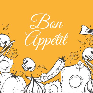 bright yellow food background and inscription bon appetit. Vector illustration