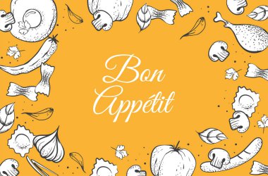 yellow food background and inscription bon appetit. Vector illustration