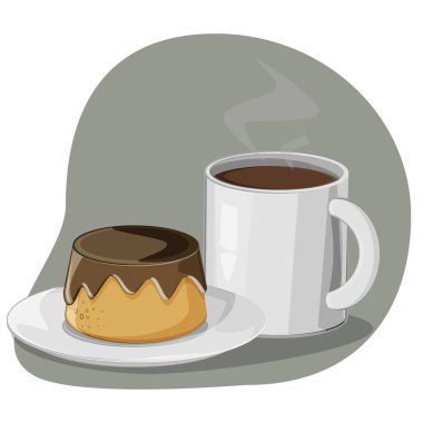 Delicious pudding with chocolate and hot tasty coffee. Vector illustration