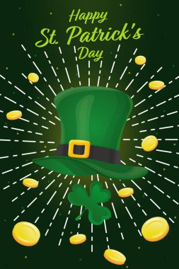 saint patricks day banner with gold coins, green hat and shamrock leaf. Vector illustration