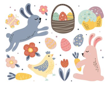 set of vector cute images Easter cute bunnies painted eggs and other holiday attributes. Vector illustration